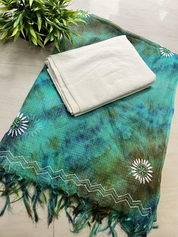 lucknowi chikankari green and blue tie dye kota silk dupatta