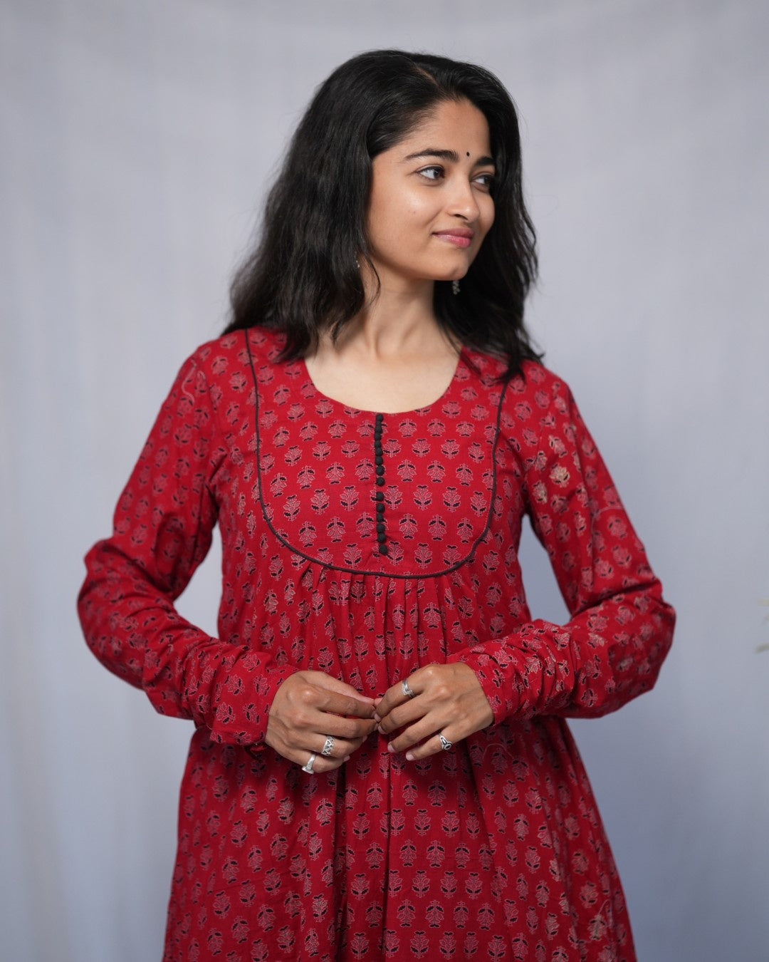 cotton red chudi sleeves aline kurta   