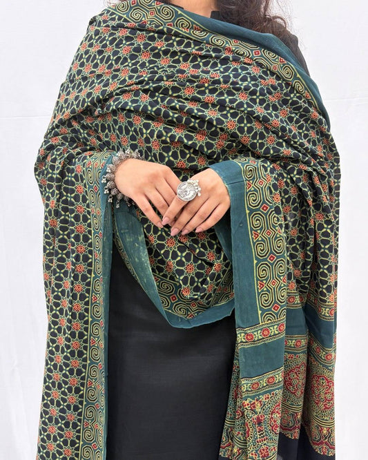 Aisha Ajrakh Green Cotton Dupatta