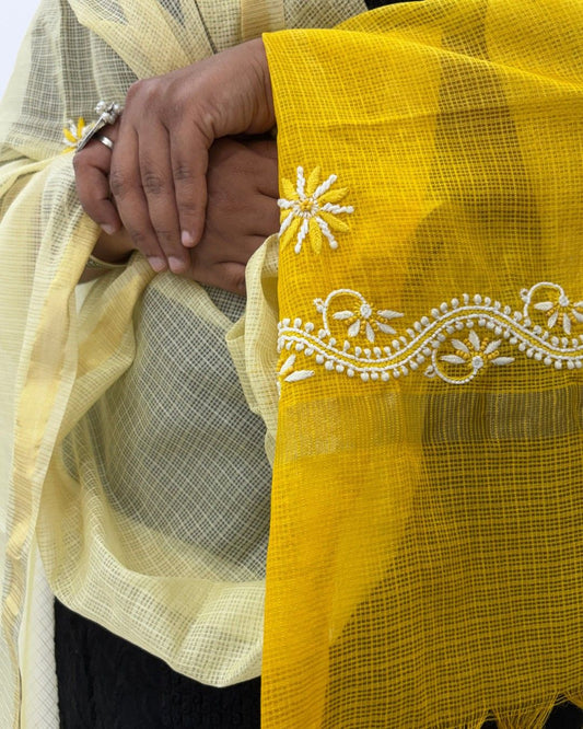 Lucknowi Chikankari Yellow Kota Silk with Pearl Dupatta