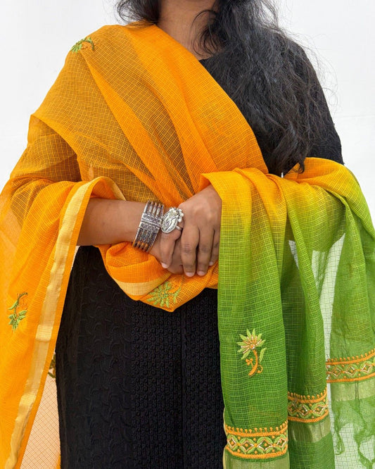 Lucknowi Chikankari Yellow Green Kota Silk Dupatta
