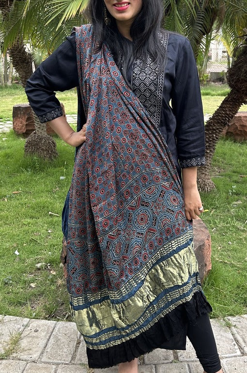 ajrakh blue and red modal silk lagdi patta dupatta