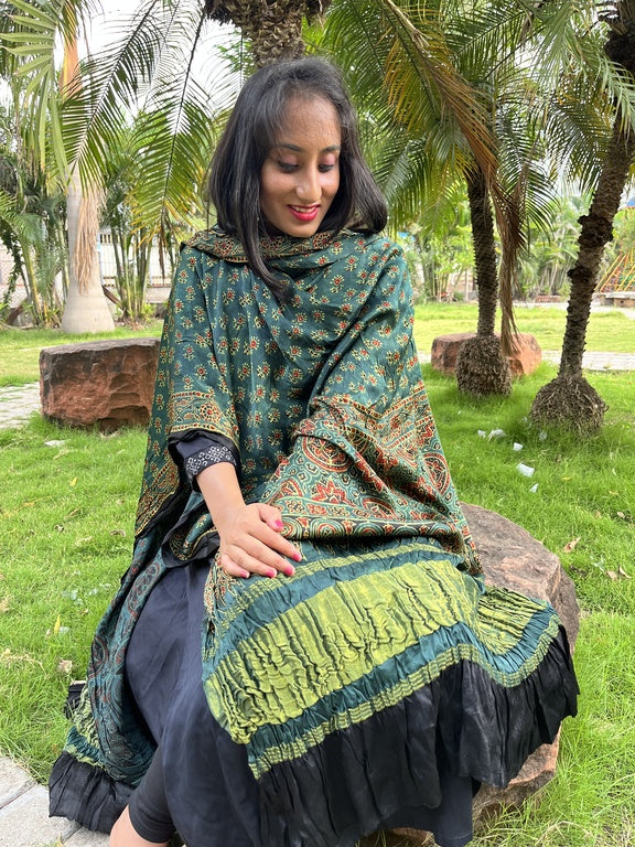 Ajrakh Green Modal Silk Lagdi Patta Dupatta