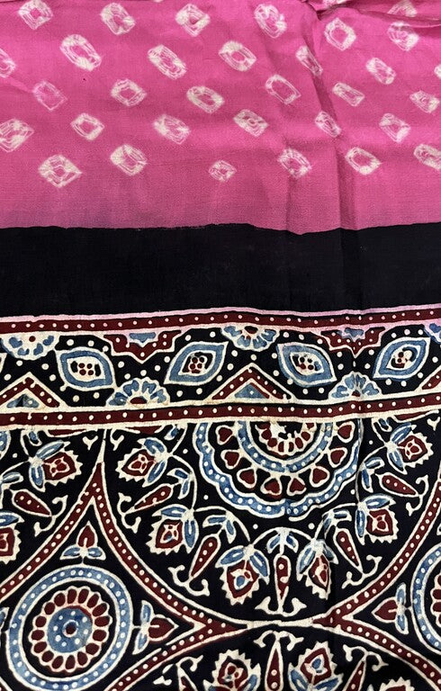 bandhani ajrakh pink and black modal silk dupatta