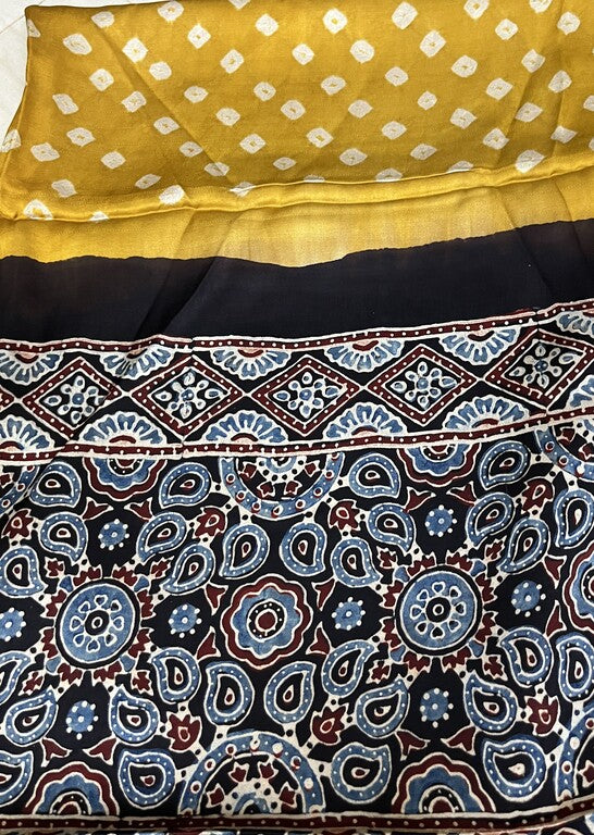 bandhani ajrakh yellow and black modal silk dupatta