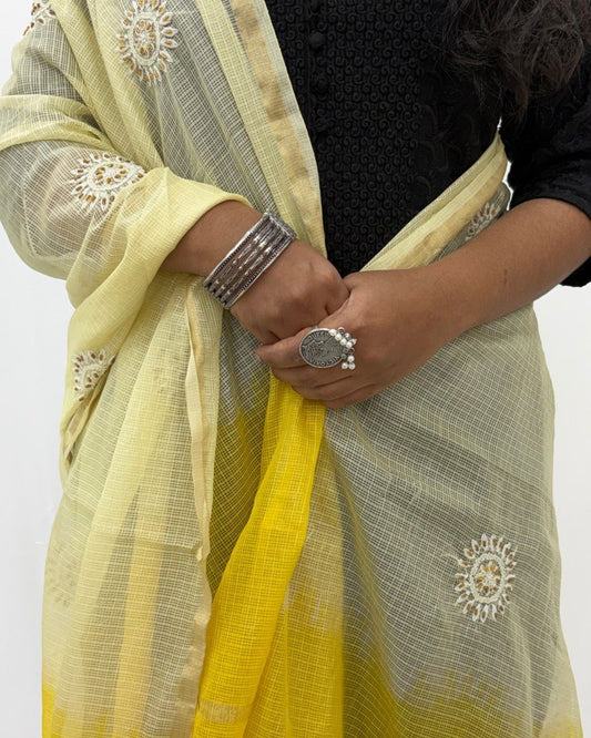Lucknowi Chikankari Cream and Yellow Kota Silk Flower Motif Dupatta