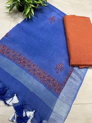 Kashmir Sozni Embroidery Blue Cotton Linen Dupatta