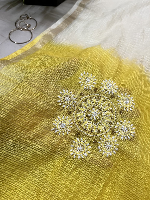 Lucknowi Chikankari Ombre Cream and Yellow Kota Silk Dupatta