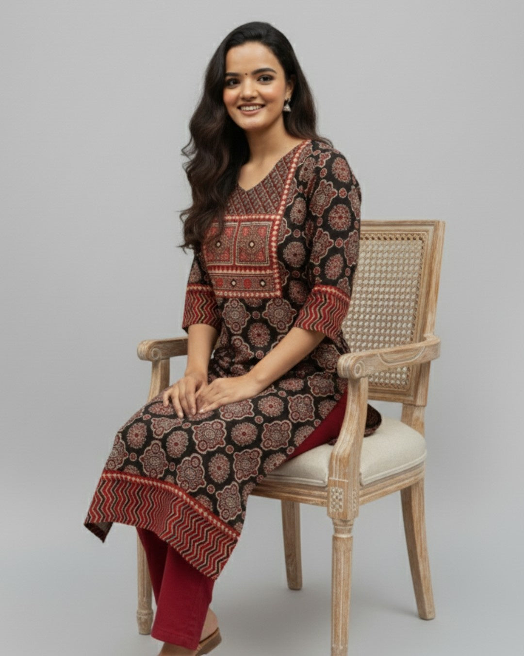 black ajrakh cotton straight kurta    