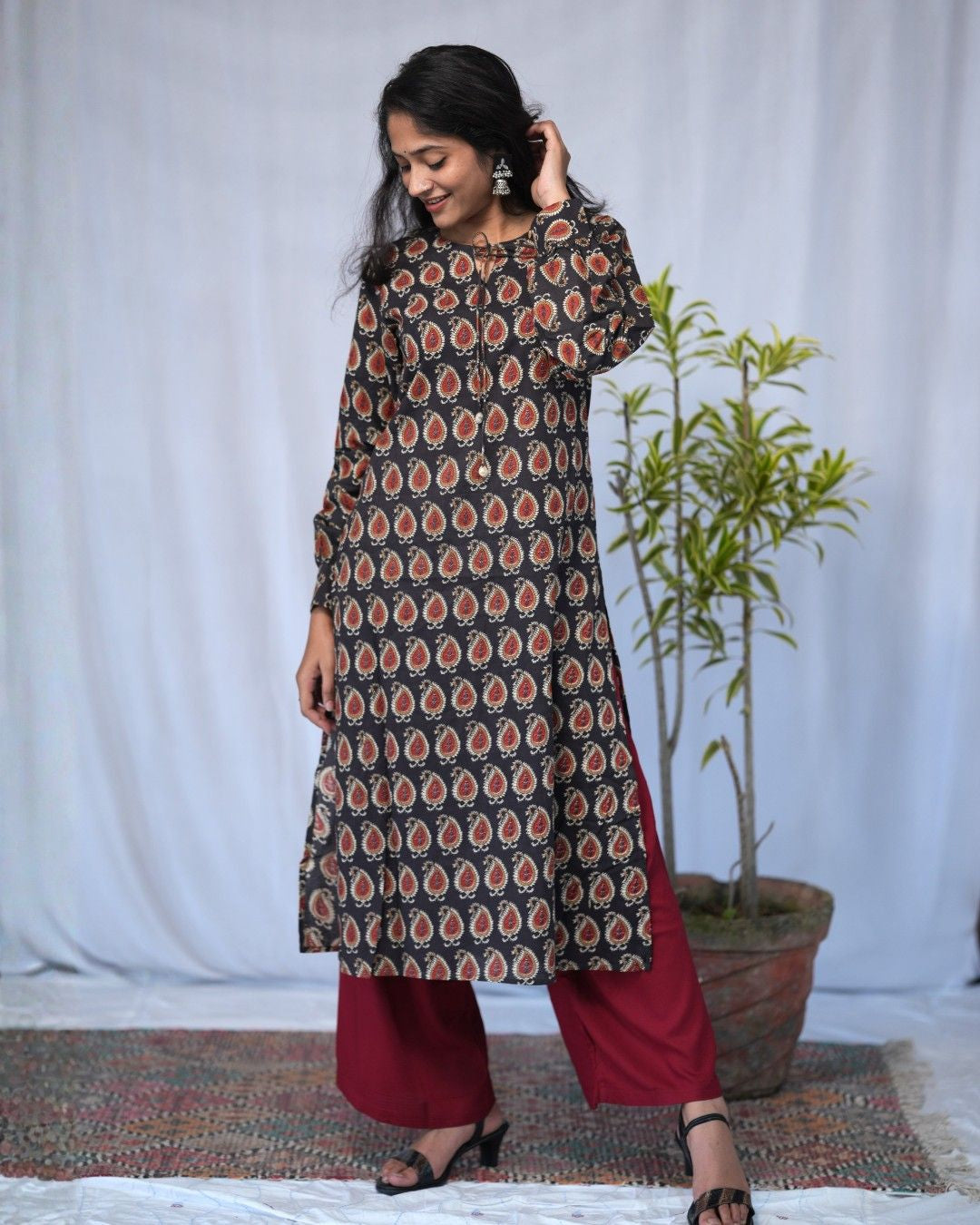 bagru cotton black straight kurta    