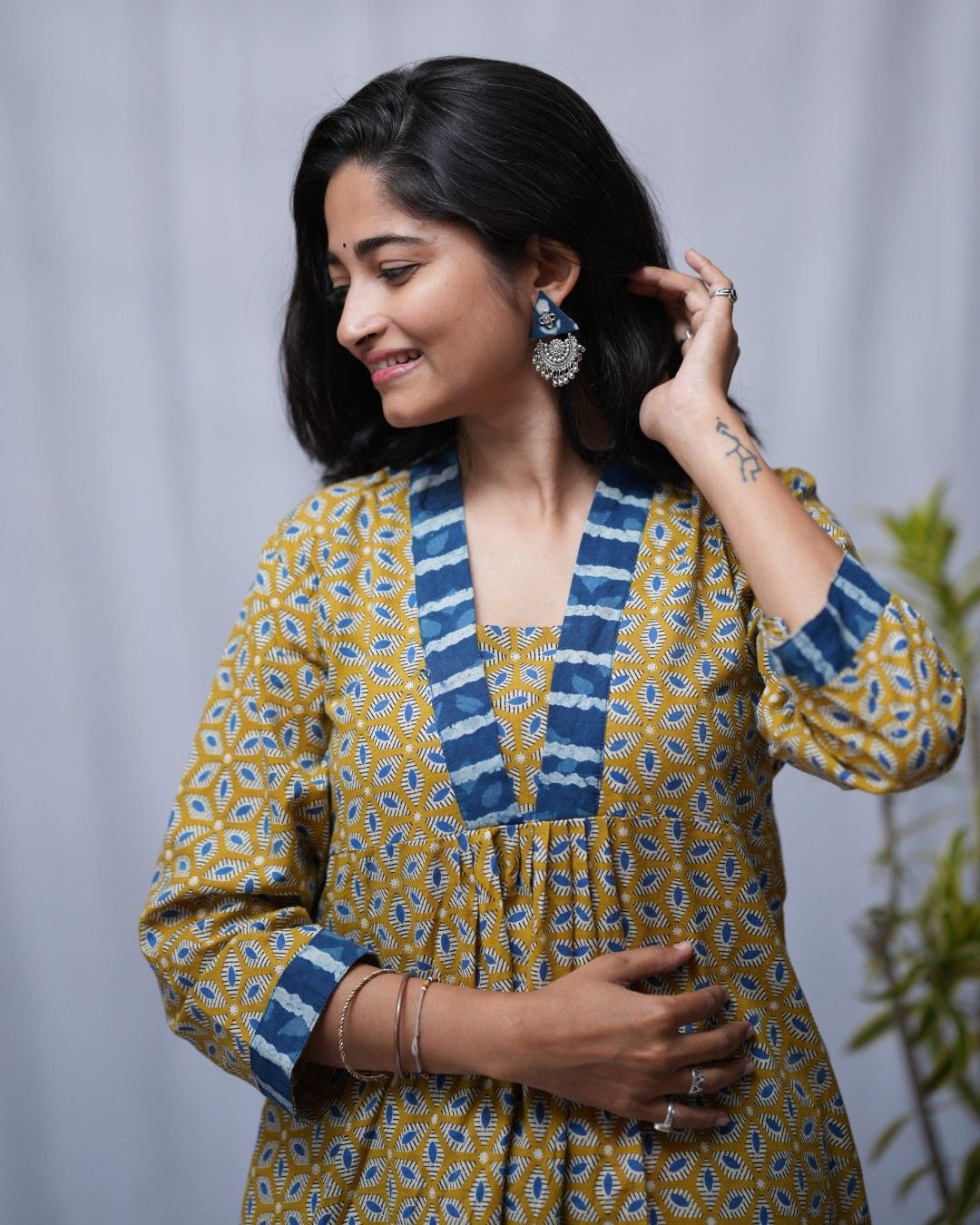 bagru cotton yellow aline kurta    