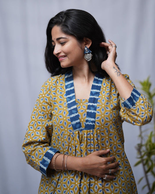 bagru cotton yellow aline kurta    