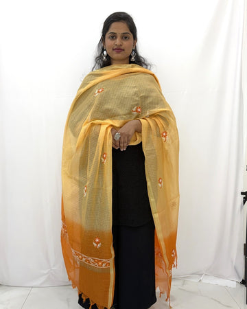 Lucknowi Chikankari Cream Orange Kota Silk Dupatta