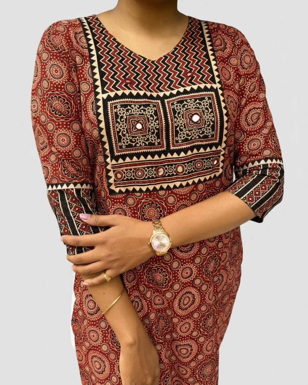 maroon ajrakh cotton straight kurta    