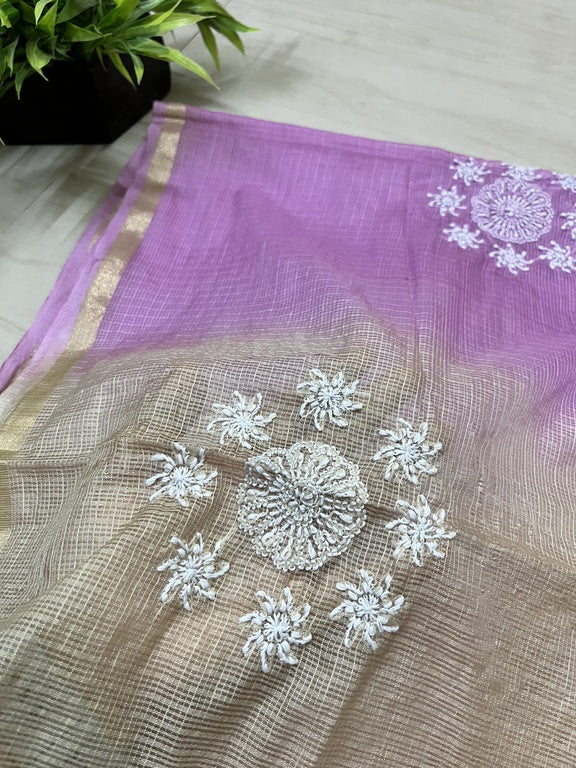 Lucknowi Chikankari Purple and Cream Kota Silk Dupatta