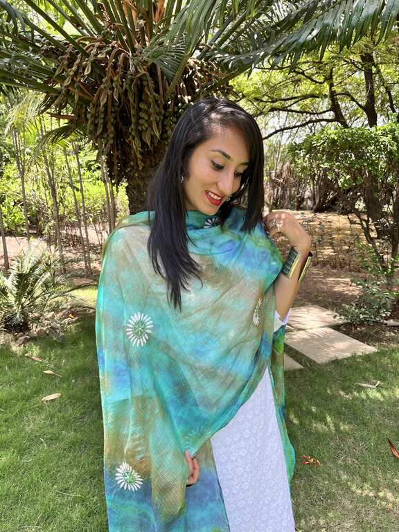lucknowi chikankari green and blue tie dye kota silk dupatta