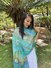 Lucknowi Chikankari Green and Blue Tie-Dye Kota Silk Dupatta