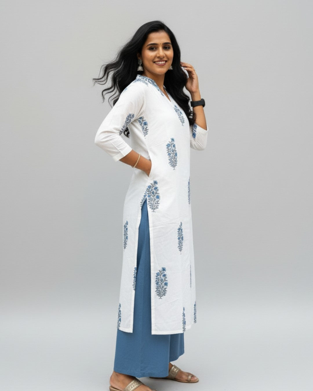 handblock blue butta cotton straight kurta   