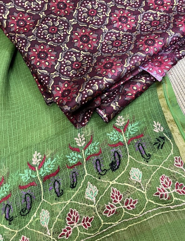 kashmir sozni embroidery green kota silk dupatta