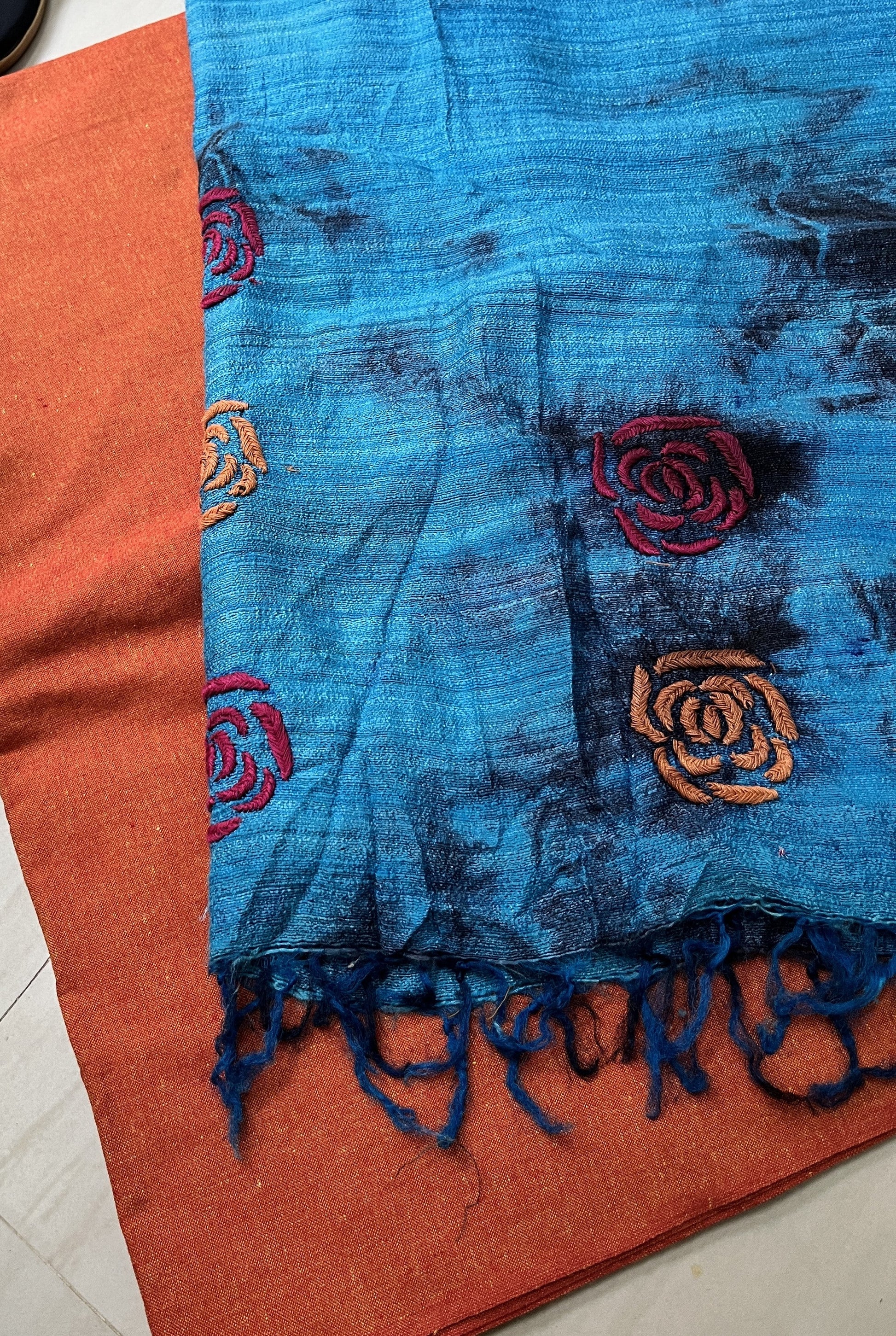 lucknowi chikankari blue tussar silk rose motif dupatta