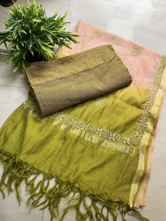 lucknowi chikankari ombre peach and green kota silk dupatta