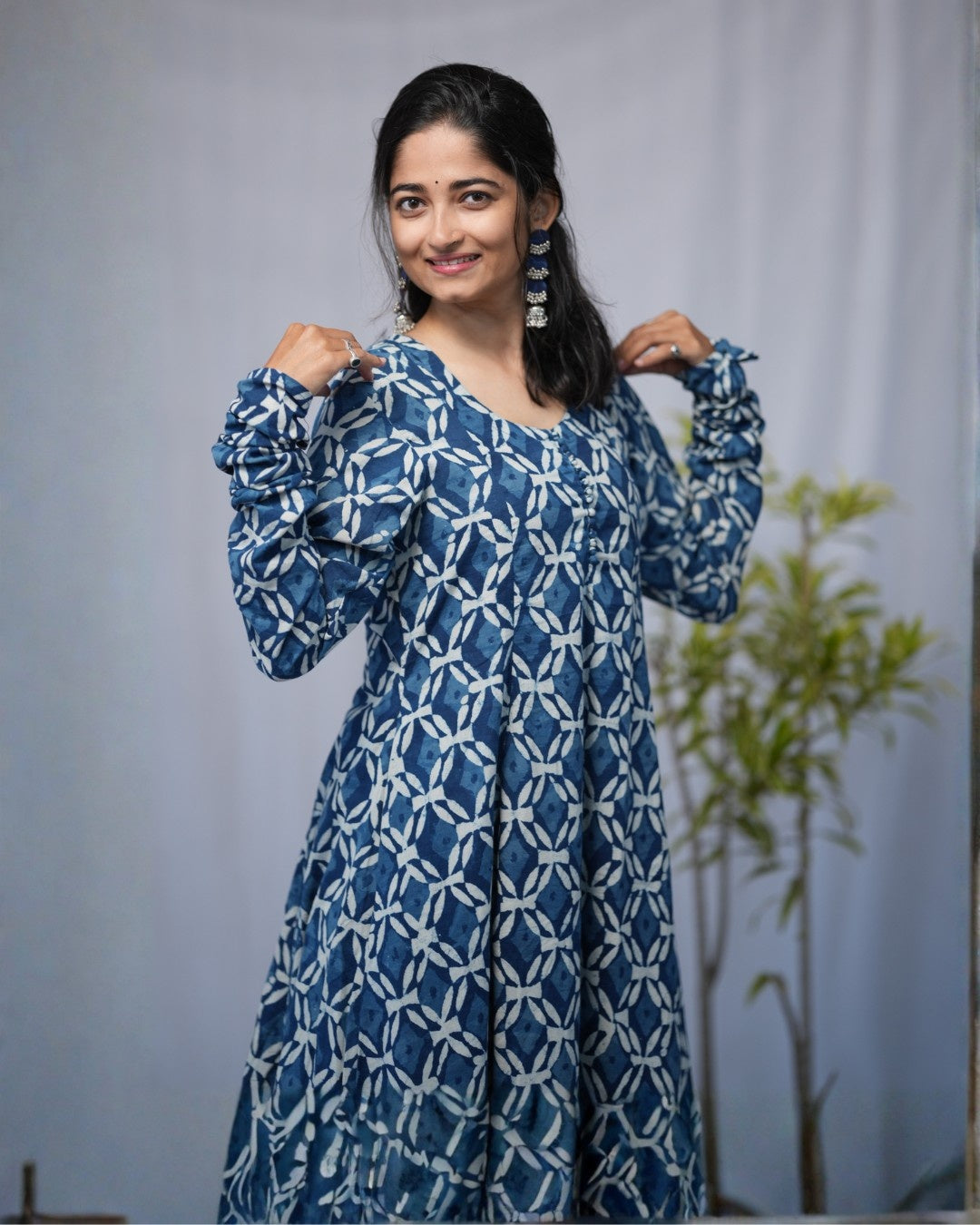indigo cotton chudi sleeves kali kurta   