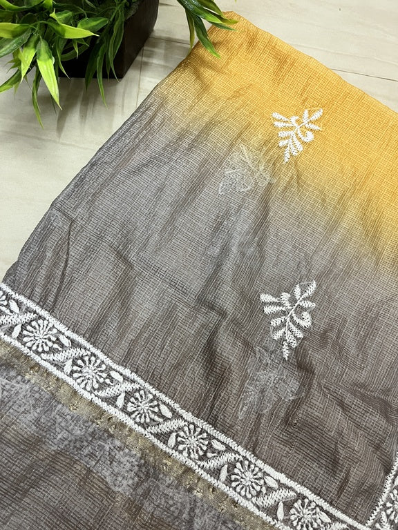 Lucknowi Chikankari Ombre Yellow and Grey Kota Silk Dupatta