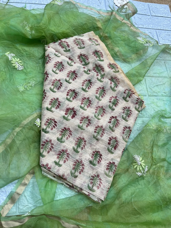 Lucknowi chikankari green organza silk dupatta    