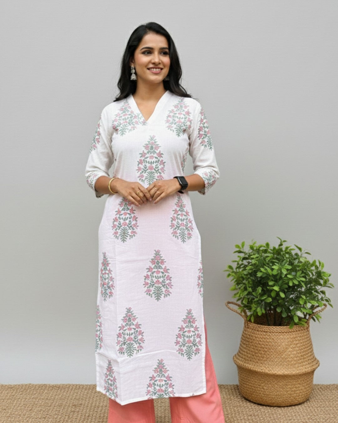 handblock pink butta cotton straight kurta   