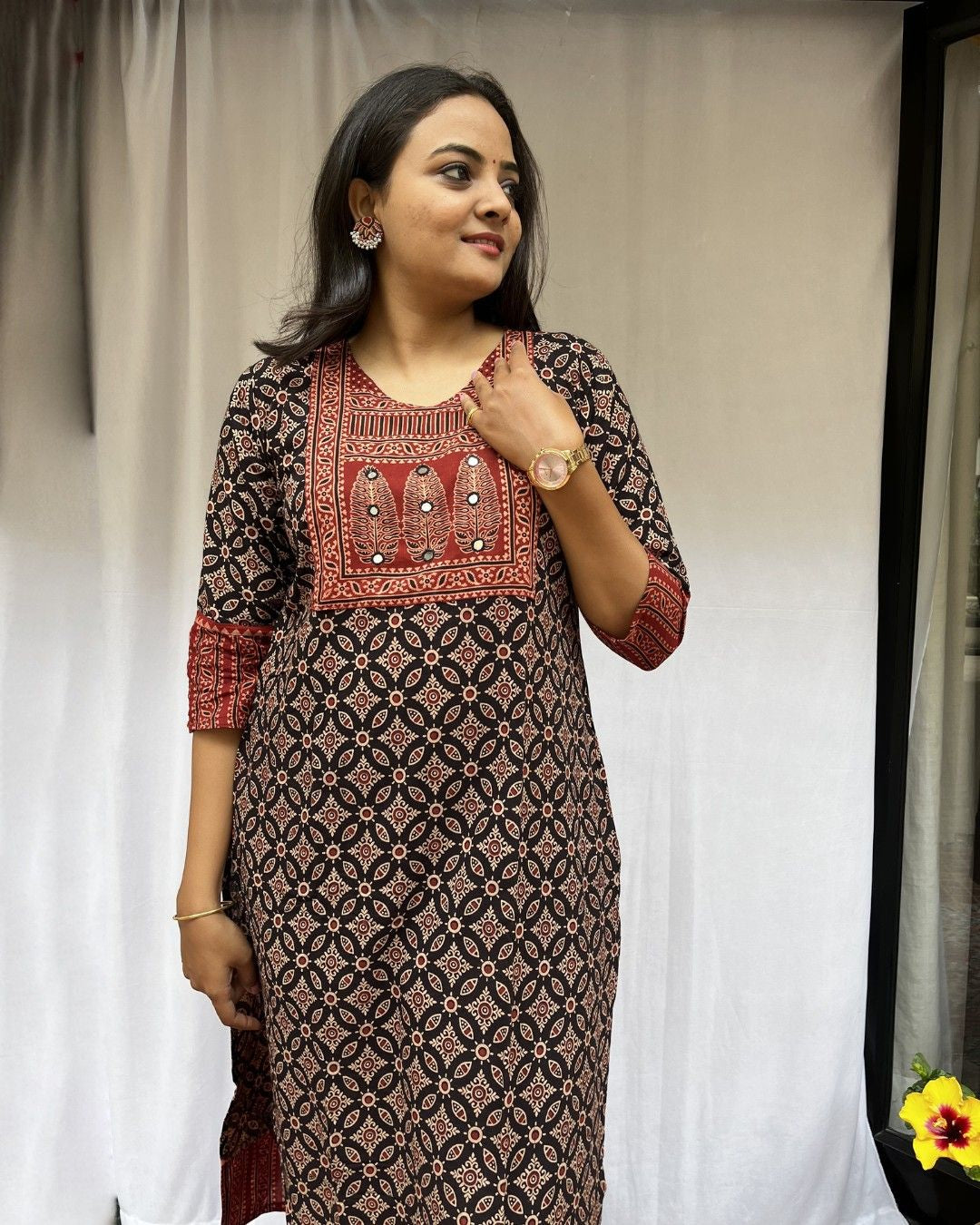 black ajrakh cotton straight kurta    