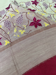 Kashmir Sozni Embroidery White and Pink Chanderi Silk Dupatta