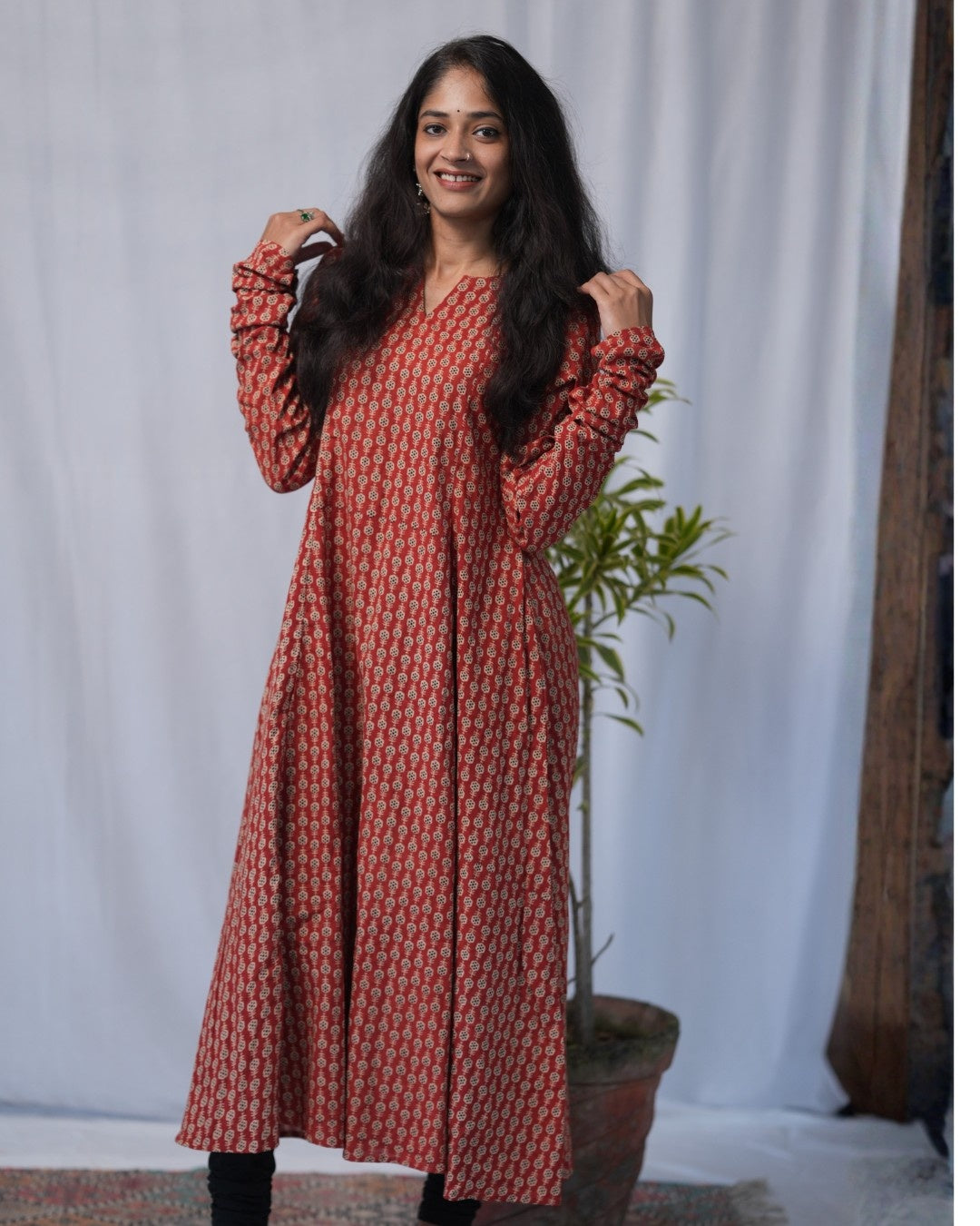 bagru cotton red chudi sleeves kali kurta  