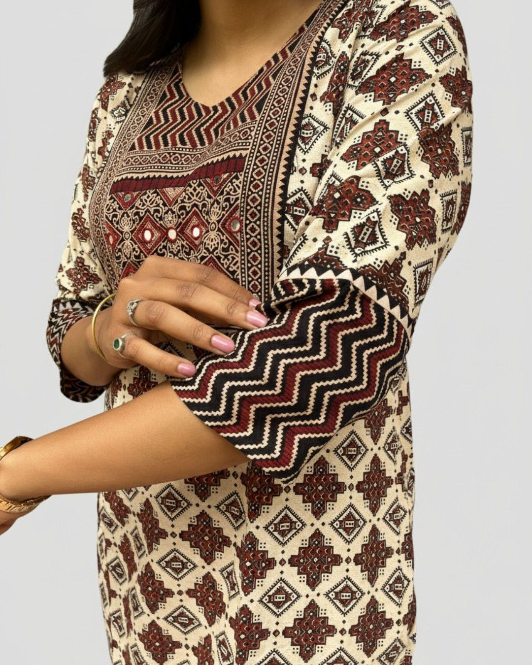 cream ajrakh cotton straight kurta    