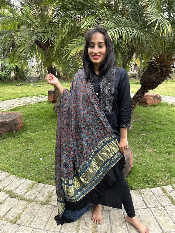 ajrakh blue and red modal silk lagdi patta dupatta