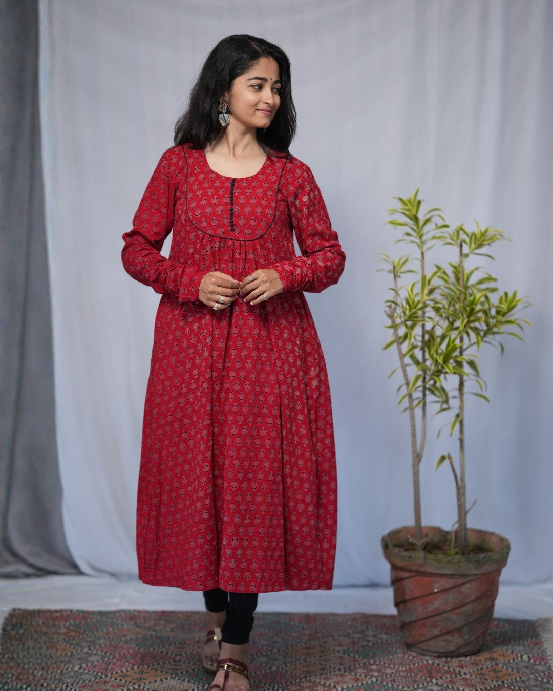 cotton red chudi sleeves aline kurta   