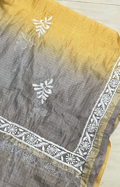Lucknowi Chikankari Ombre Yellow and Grey Kota Silk Dupatta