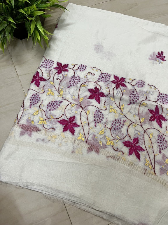 kashmir sozni embroidery white and pink chanderi silk dupatta
