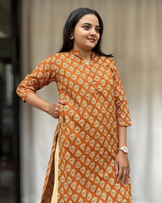 Rutvi Yellow Cotton Straight Kurta