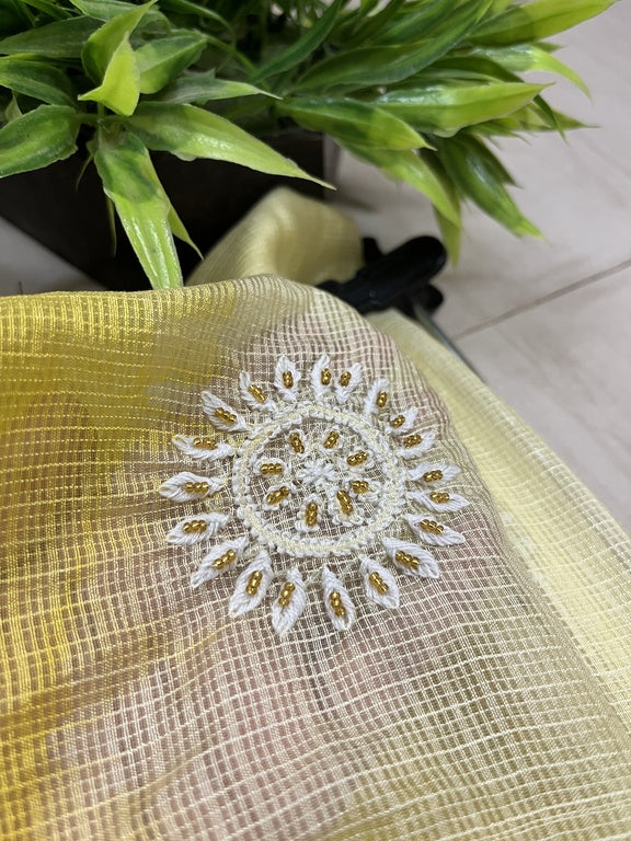 Lucknowi Chikankari Cream and Yellow Kota Silk Flower Motif Dupatta
