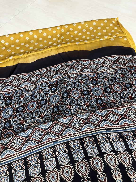 bandhani ajrakh yellow and black modal silk dupatta