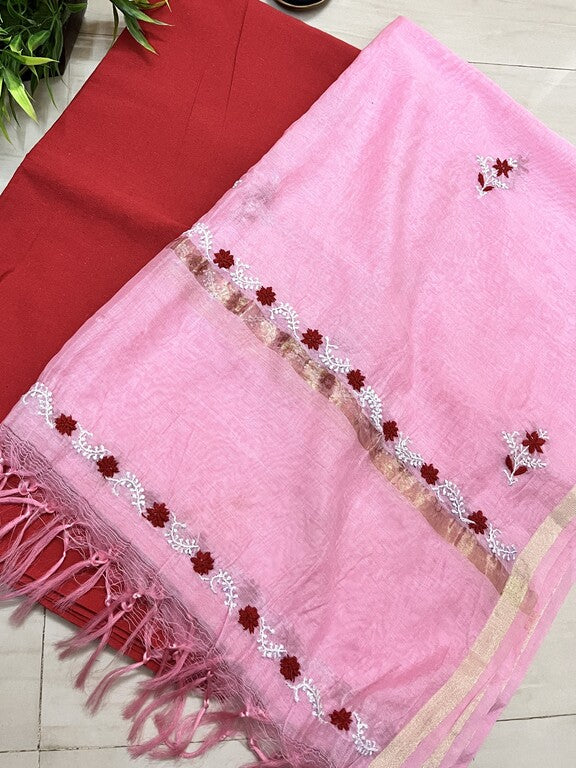 Lucknowi Chikankari Pink Chanderi Silk Dupatta