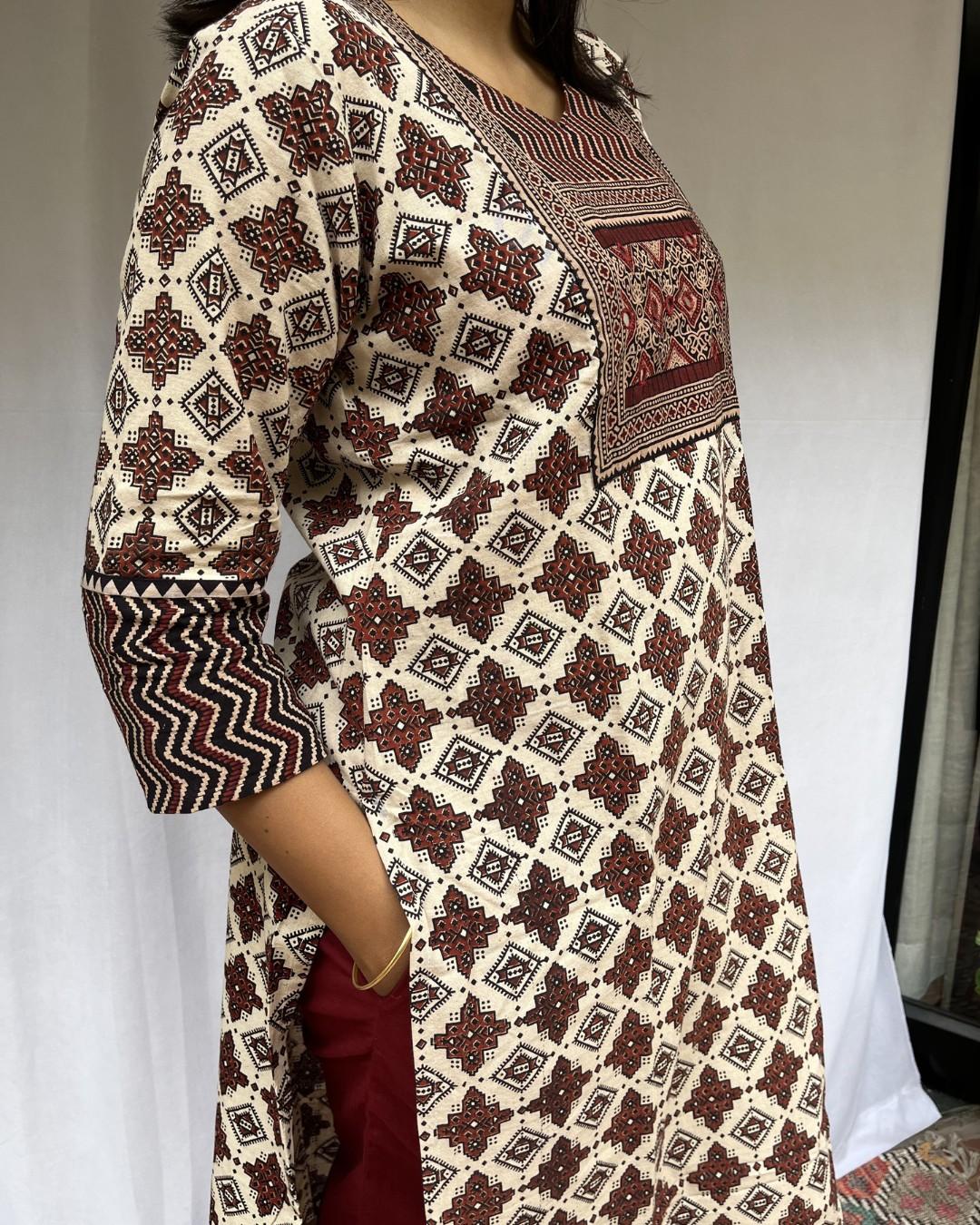 cream ajrakh cotton straight kurta    