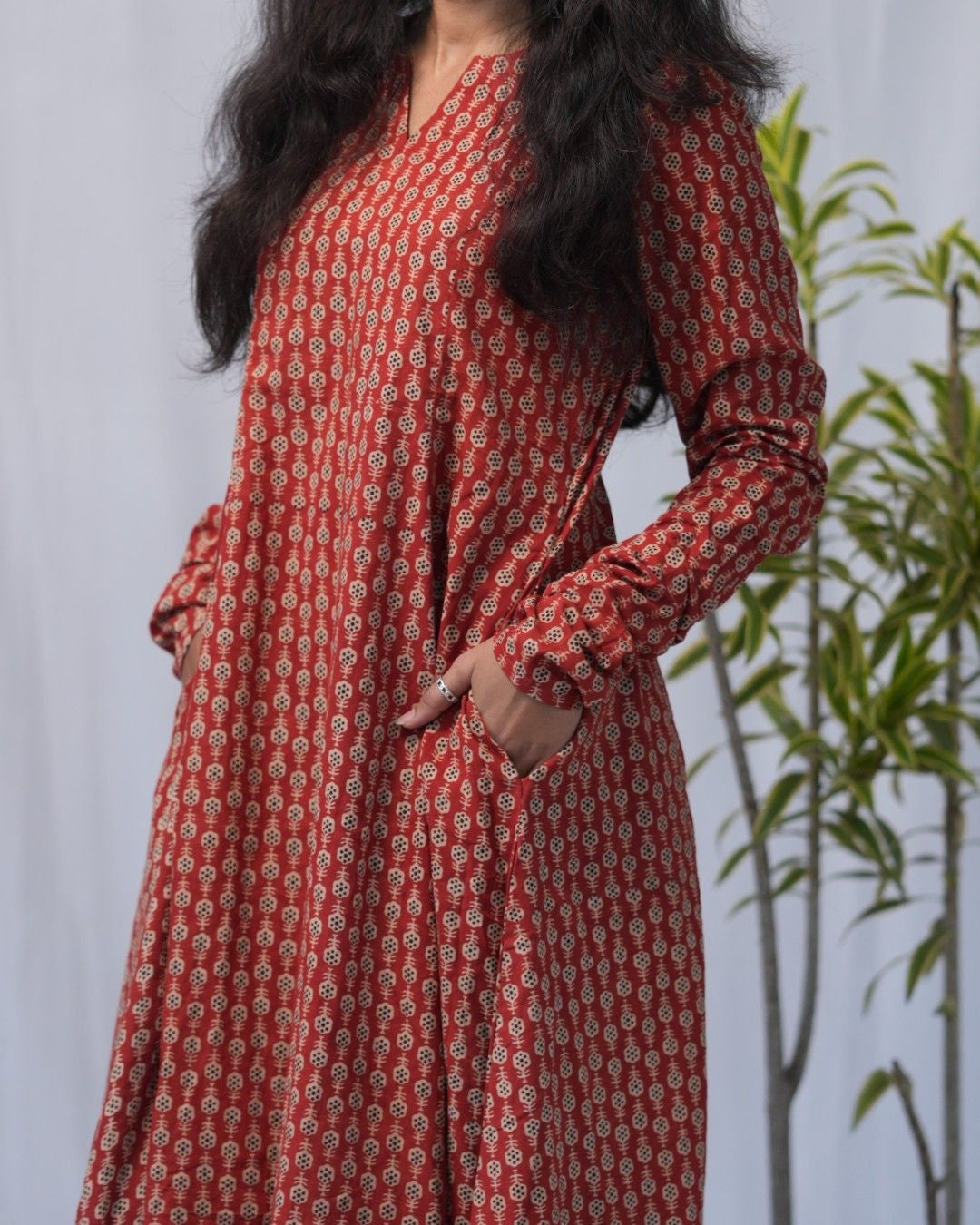 bagru cotton red chudi sleeves kali kurta  