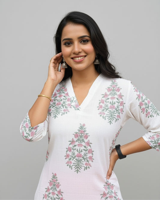 handblock pink butta cotton straight kurta   