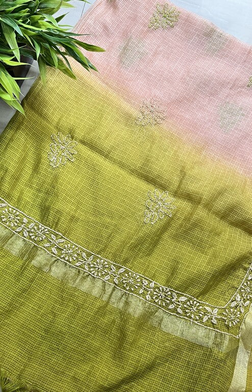 Lucknowi Chikankari Ombre Peach and Green Kota Silk Dupatta