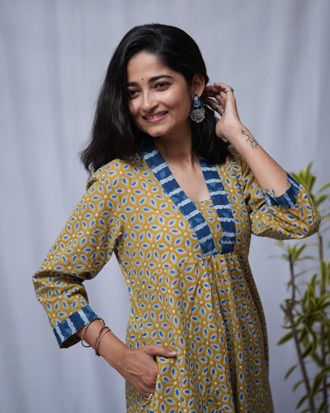 bagru cotton yellow aline kurta    
