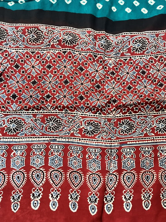 bandhani ajrakh green and red modal silk dupatta