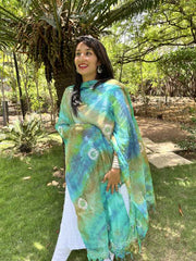 Lucknowi Chikankari Green and Blue Tie-Dye Kota Silk Dupatta