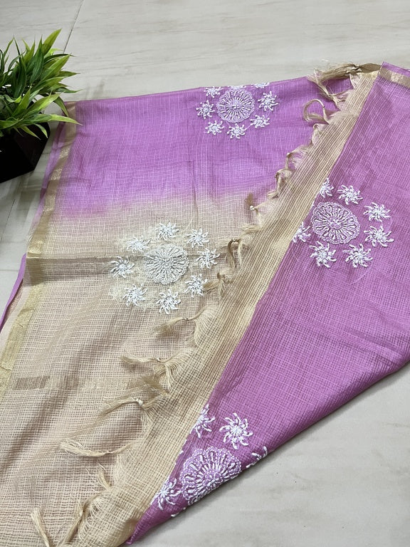 Lucknowi Chikankari Purple and Cream Kota Silk Dupatta