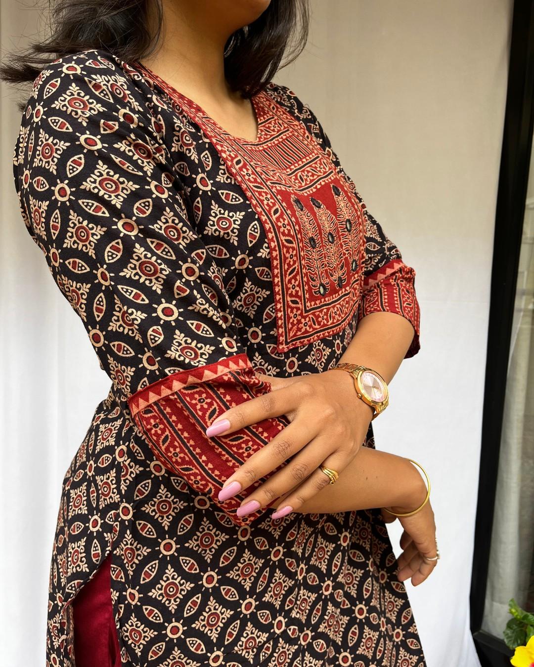 black ajrakh cotton straight kurta    